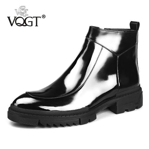 正品Vqgt冬皮季皮靴男用天绒真皮靴漆皮男用短靴牛高帮鹅皮鞋表厚