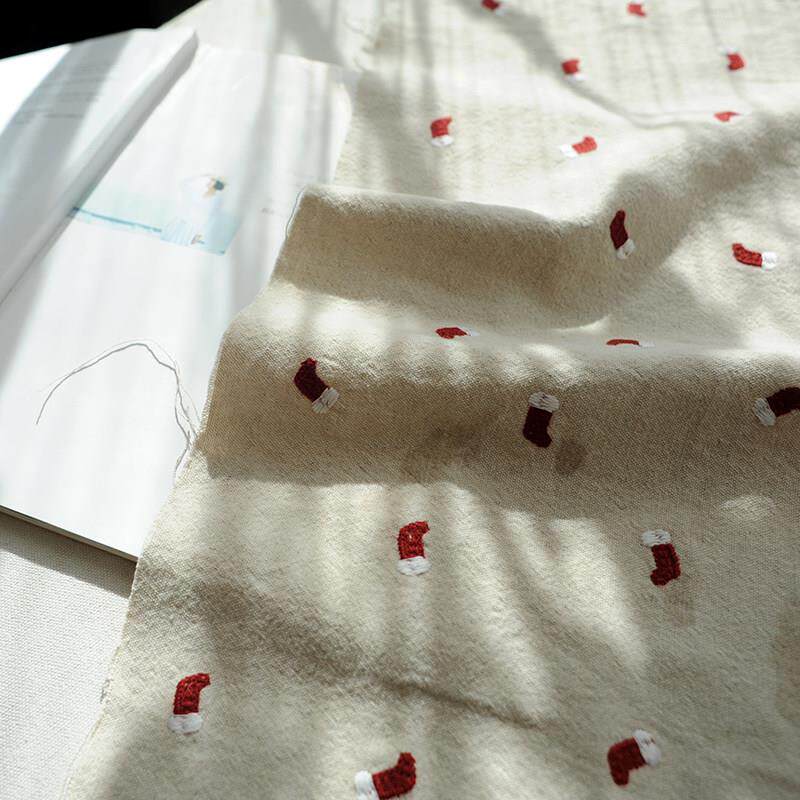 ins风耶诞节耶诞袜刺绣棉麻布料沙发抱枕套餐桌凳椅包布盖布面料