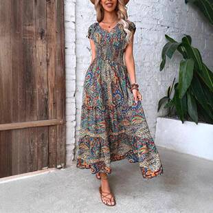 Women's Ethnic Pattern Ruffle Hem Shirred Batwing Sleeve