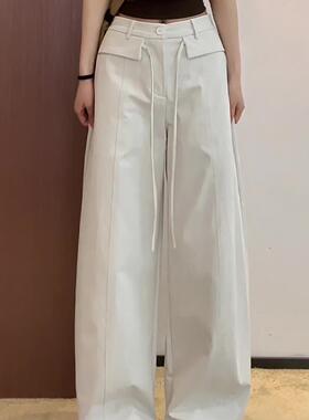 潮牌美式慵懒松弛感白色裤子女时尚简约新款大码宽松显瘦阔腿裤