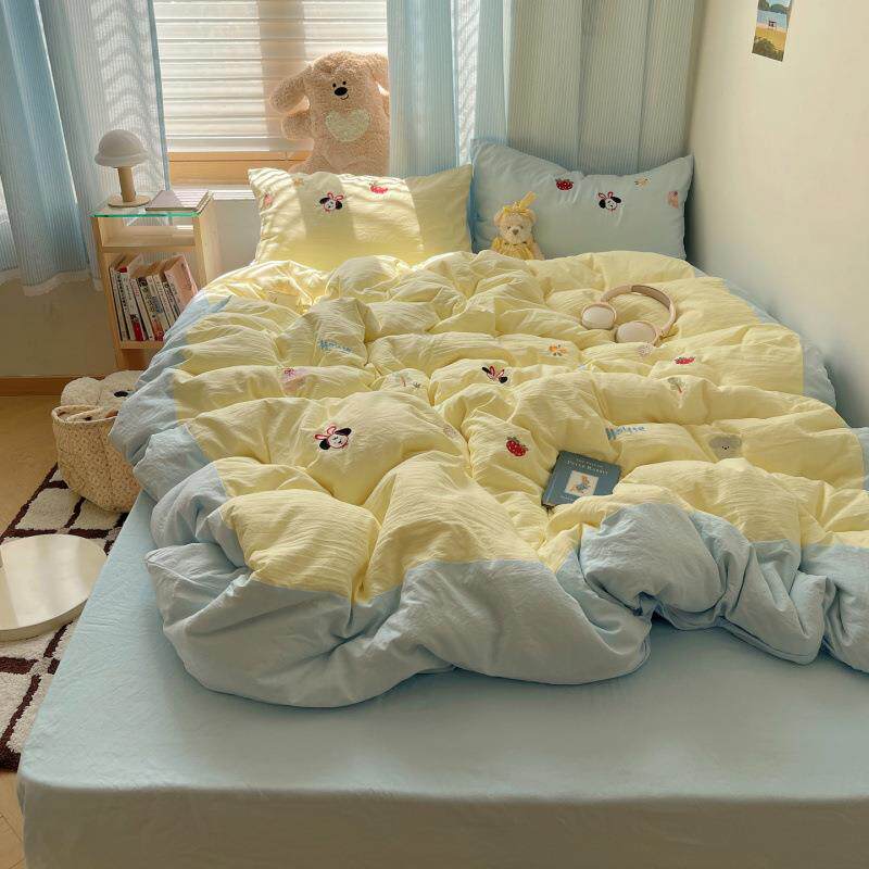 韩系拼角工艺少女心文艺小元素绣花四件套学生宿舍超软床单三件套