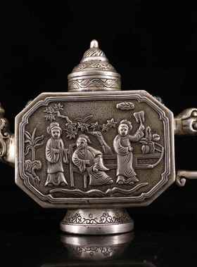 古玩收藏仿古铜手工打造镶嵌宝石鎏银人物酒壶家居装饰工艺品