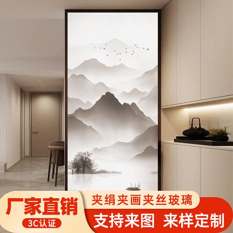 入户玄关艺术玻璃屏风隔断山水风景国画走廊尽头过道客厅夹画玻璃