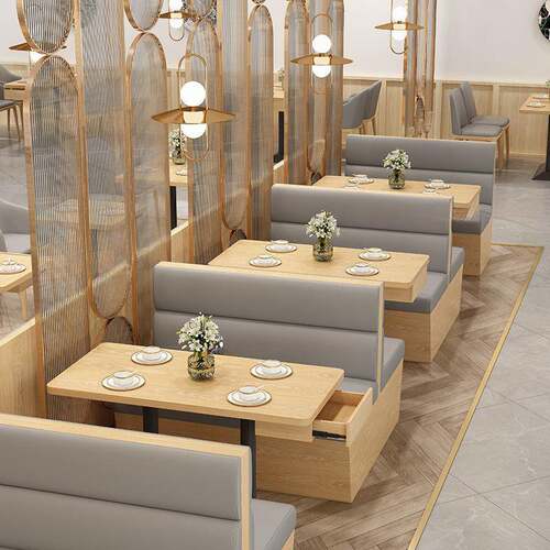 北欧风简约餐厅桌椅奶茶店茶餐厅软包卡座餐饮店实木卡座沙发组合