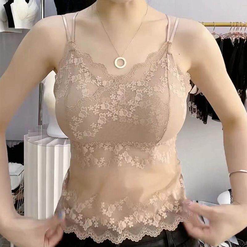 美背一体文胸女带胸垫吊带背心蕾丝大尺码内搭外穿夏季无袖打底上