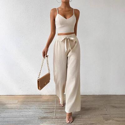 Womens Solid Crop Cami Top Wide Leg Pants Twopiece Set