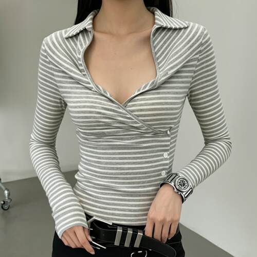 Striped collar long sleeved T-shirt for women, slimming top