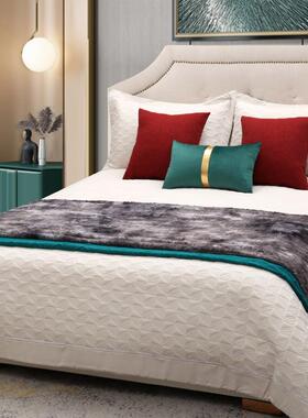 软装样板房床品套件轻奢高端四件套橙色立体裥棉肌理9件床上用品