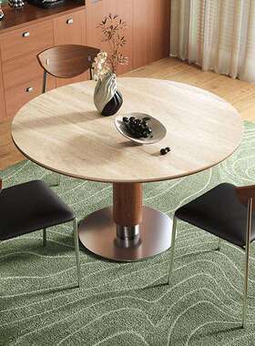 中古板风圆BHS29形实木餐桌圆桌用小家户型饭桌椅洽谈洞石岩餐桌