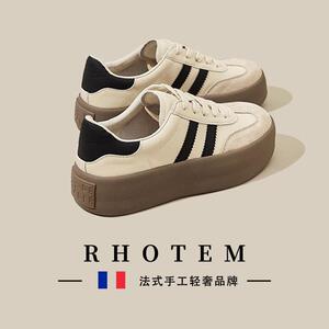 RHOTEM轻奢运动休闲板鞋女2024春季新款真皮百搭黑色软底德训鞋子
