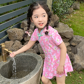 亦浪儿童女童中小童游泳衣短袖连体裙式旗袍印花公主女孩可爱粉色