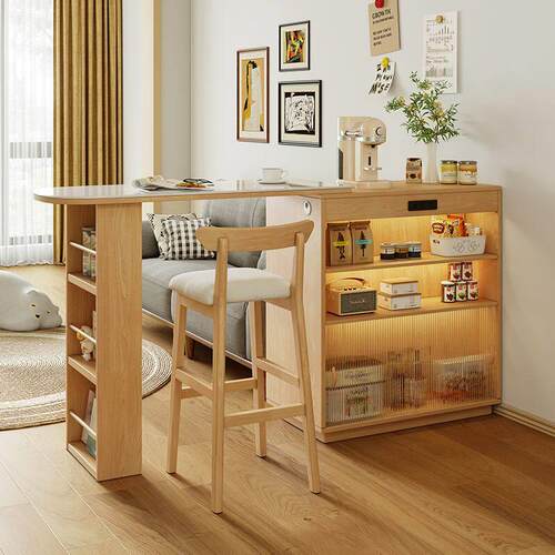 竹戴实木北欧吧台桌一体家用餐边柜小户型岛台餐桌可伸缩隔断储物