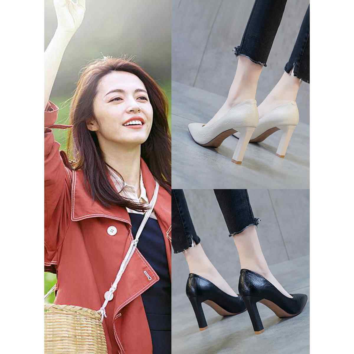 黑色高跟鞋女职业粗跟尖头气质百搭软皮不累脚工作鞋真皮女鞋单鞋