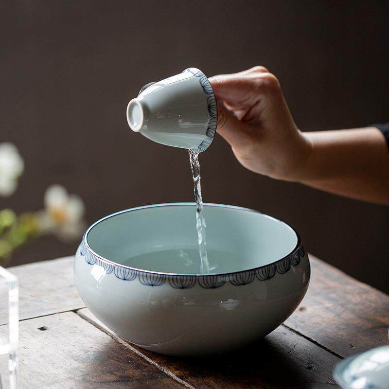 手绘仿古青花莲韵水洗草木灰陶瓷笔洗复古手工釉下彩水盂杯洗配件