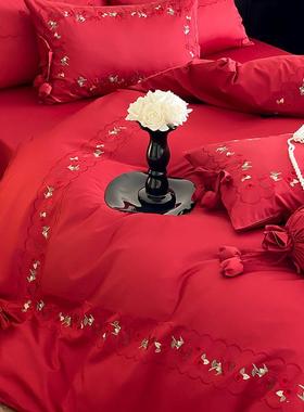 婚庆长绒棉红色全VSS棉四件玫房棉瑰刺绣结婚纯被套套喜庆婚床上