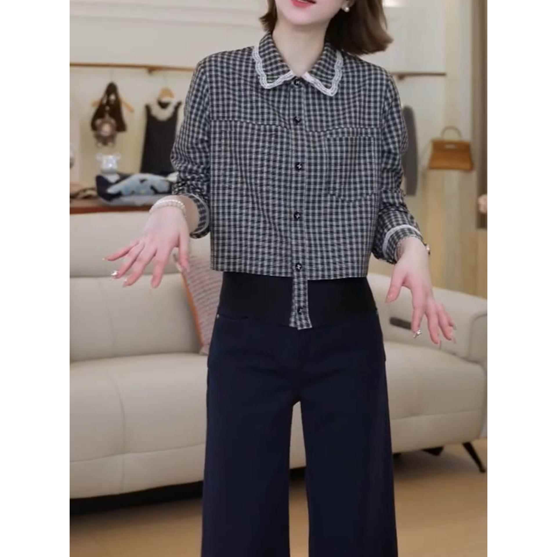 法式蕾丝拼接娃娃领格子衬衫女2025秋季新款减龄百搭上衣修身显瘦