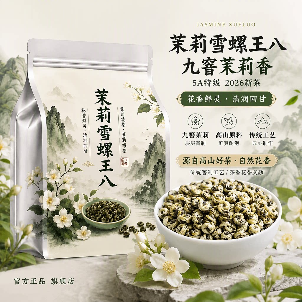 5A特级九窨茉莉花茶雪螺王八白兰花大叶雪芽0添加冷热泡2026新茶