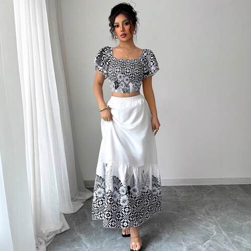 Women's Floral Print Puff Sleeve Crop Top & A-line Loose