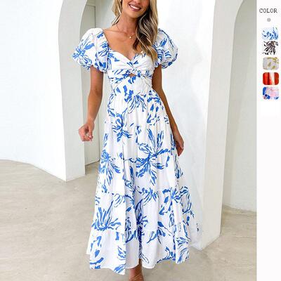 Printed Bubble Sleeves Grand Swing High end Dress for Women