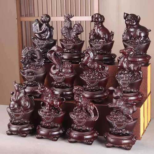 非洲黑檀精雕元宝十二生肖摆件家居客厅装饰品送礼木雕工艺品