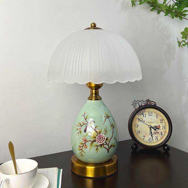 美式陶瓷金属台灯中式复古花鸟卧室装饰台灯轻奢书房小夜灯氛围灯