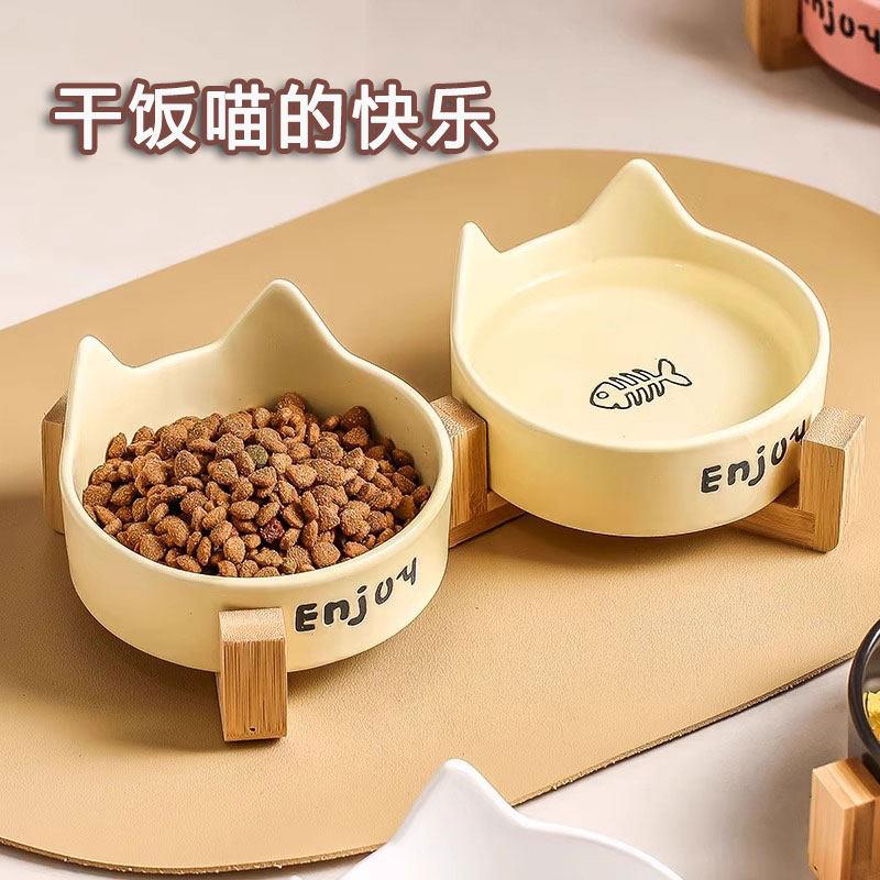 猫狗碗陶瓷双碗套装猫耳造型干饭碗宠物食碗喝水防打翻加高粮碗