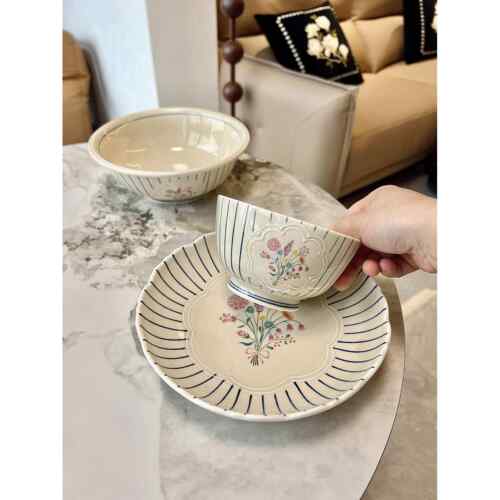 家用高级感陶瓷盘子日式瑞和手绘线条餐具套装深口菜盘精致碗碟子