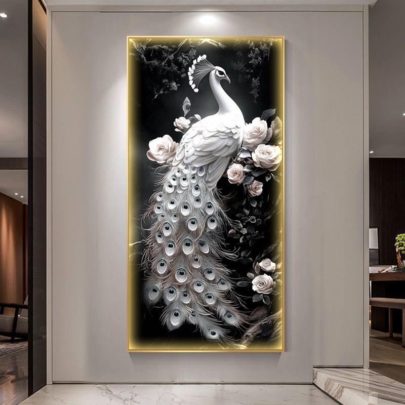孔雀入户玄关装饰画带led灯轻奢寓意好客厅挂画走廊过道尽头壁画