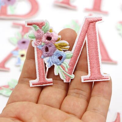 1PC Pink Flower Letter Embroidery Patches Iron On Letters Pa