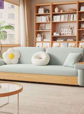 实木沙床现简约可伸缩小户VMP能型新款家用客厅多功原木风发沙床