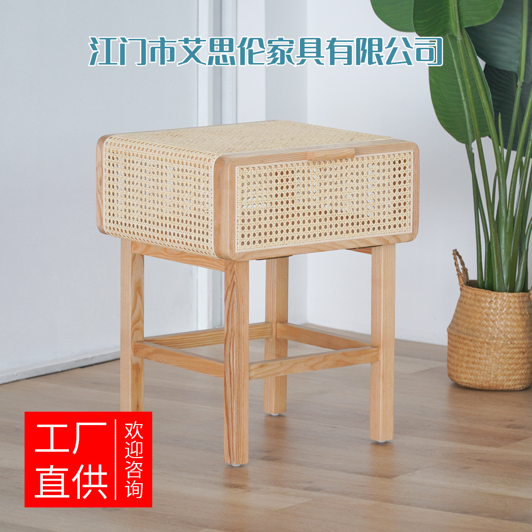 北欧日式轻奢复古风实木编藤床边柜现代简约家具小户型设计收纳柜