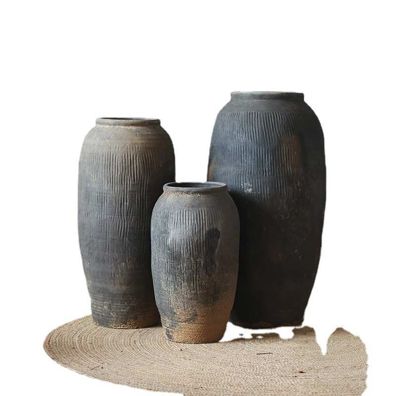 灰色大型落地高款大花瓶摆件客厅复古民宿侘寂风造景土陶罐中式