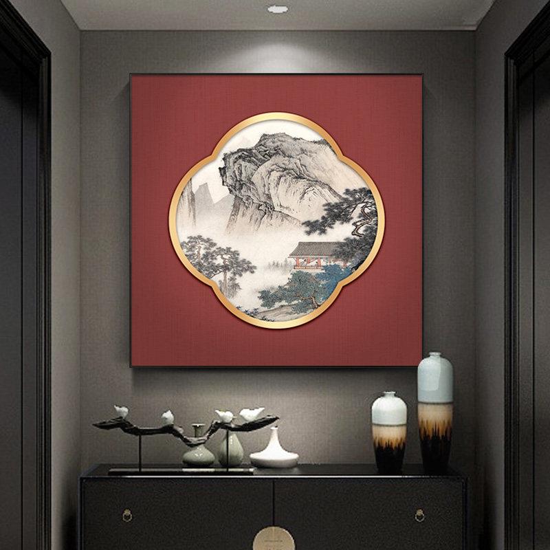 新款饭厅饭厅装饰画新中式客厅背景墙挂画茶室书房壁画方形山水画