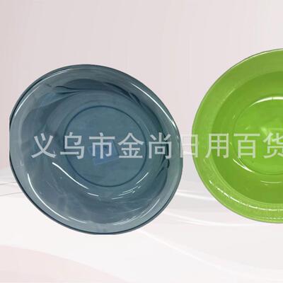 Plastic dinner plates, large fruit platters, salad, steak, a