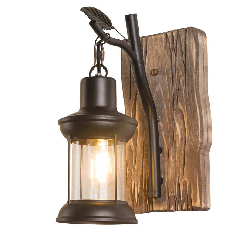 美式乡村复古壁灯 工业风创意酒吧餐厅过道走廊壁灯 实木艺壁灯