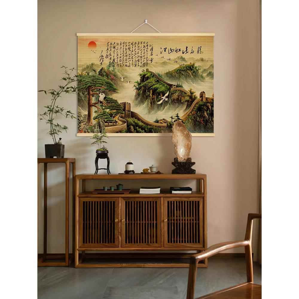 客厅山水背景墙竹编挂画入户玄关装饰画非遗竹编工艺画书房茶室画