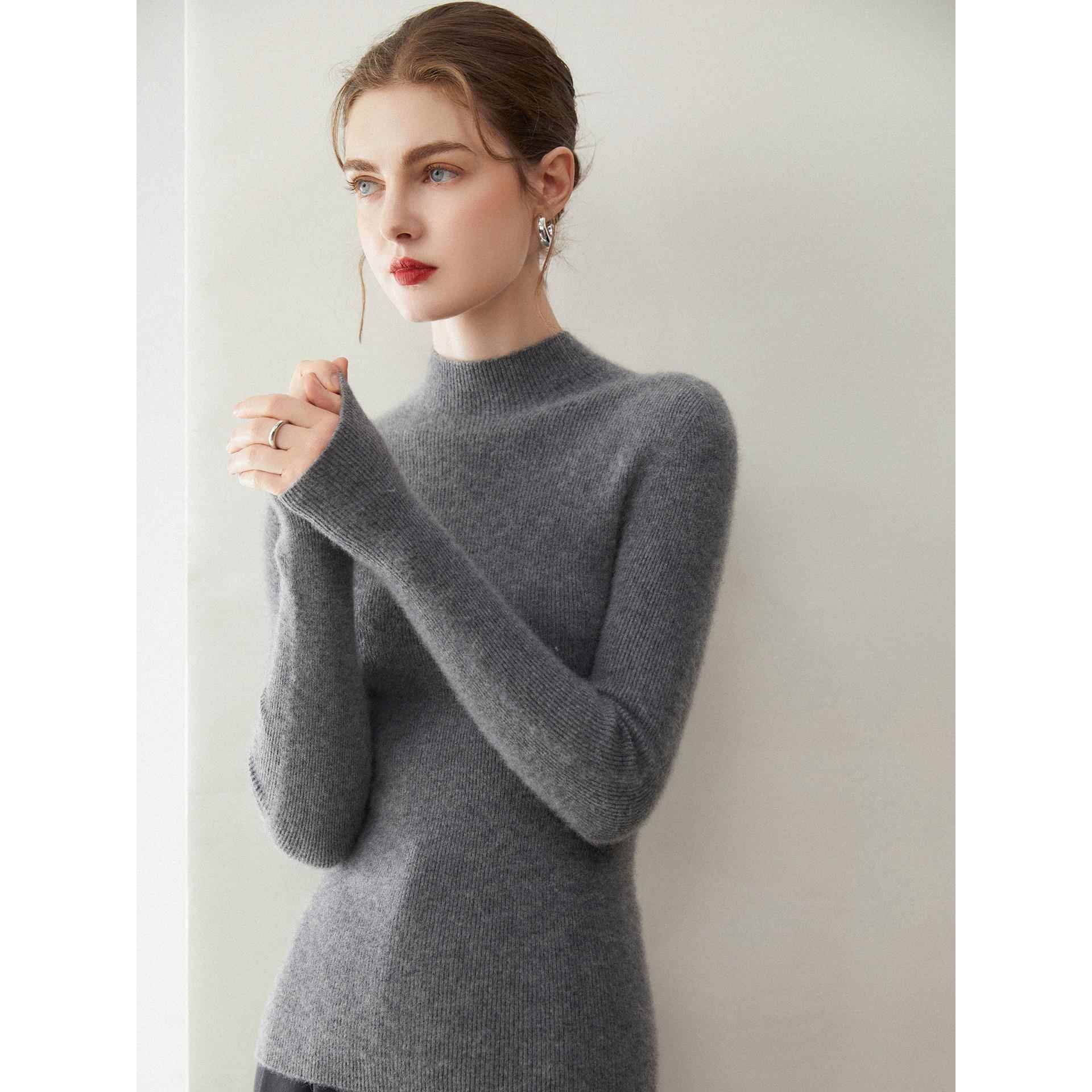 鹊妃无缝一体100%纯山羊绒衫女半高领紧身显瘦抽条针织打底衫毛衣