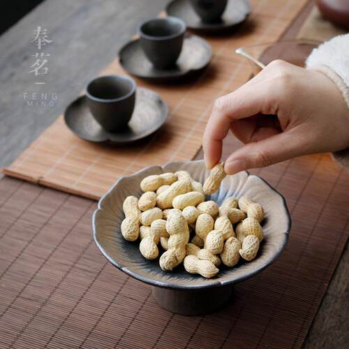 粗陶高足茶点盘 点心水果盘 家用陶瓷迷你零食小菜碟 莲花