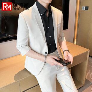 男士西服套装米白色商务休闲职业正装男商务休闲中袖西服九分西裤