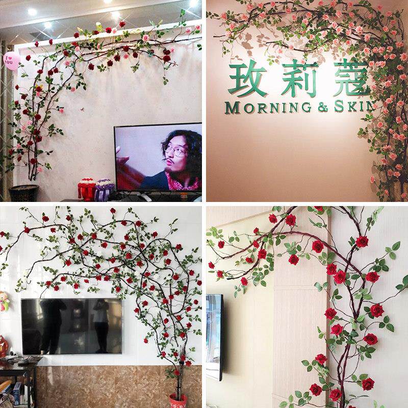 彷真玫瑰假花藤条室内客厅墙面空调管道遮挡装饰悬吊式天花板塑料