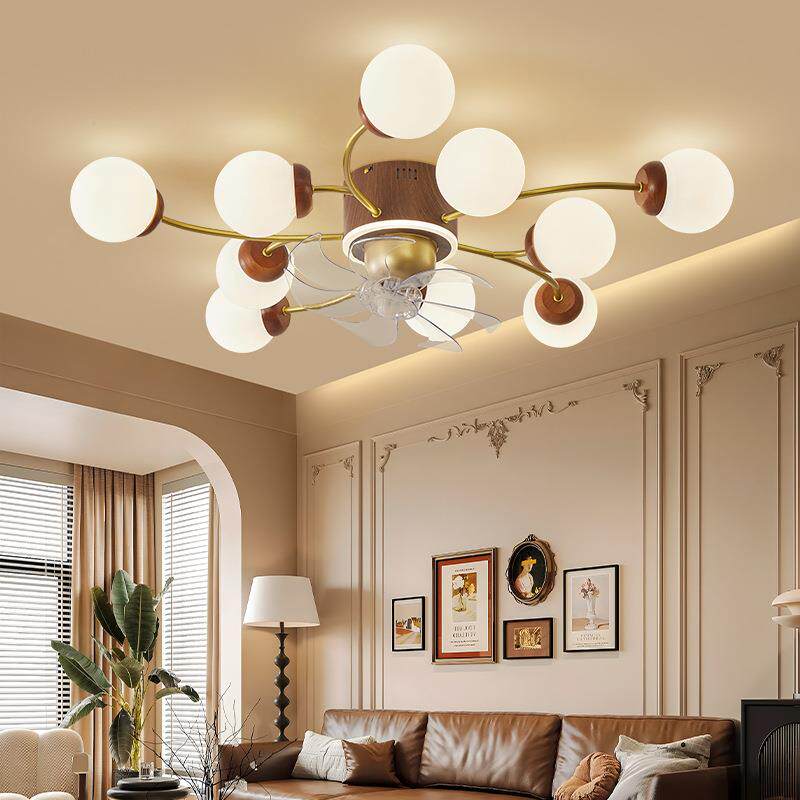 魔豆灯客厅中古风扇吸顶灯木纹新款儿童度摇头现代核桃餐厅吊扇灯