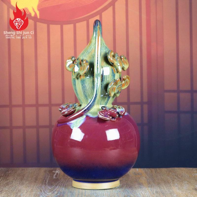 禹州钧瓷花瓶家居客厅中式钧窑陶瓷器工艺品福禄葫芦摆件五福临门