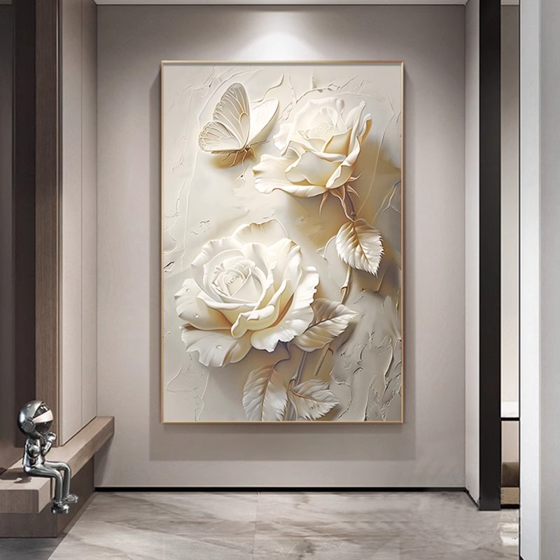 奶油风入户玄关装饰画高级感客厅沙发背景墙挂画立体浮雕花卉壁画图片