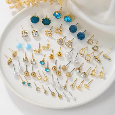 Earring Set 30 Pair Set跨境耳环套组金属珍珠镶钻30对装耳针女