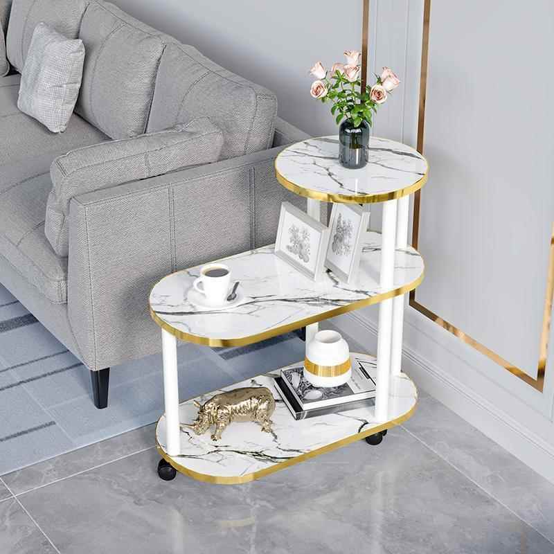 北欧轻奢风岩板大理石纹小茶几小户型沙发边几实木置物架子白色