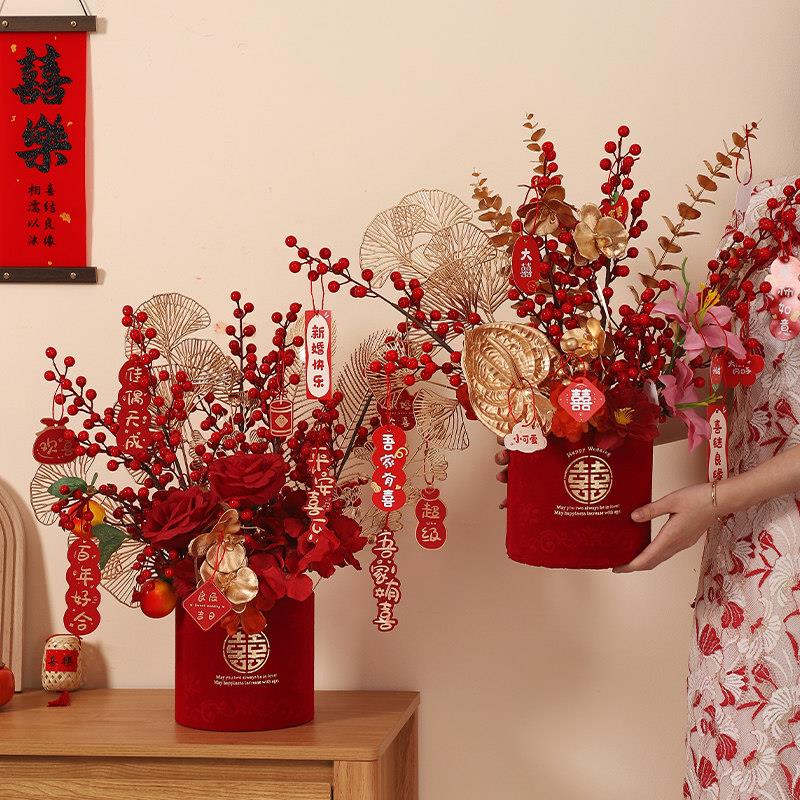 结婚订婚摆件婚房布置装饰客厅主卧花束喜字福桶套装新婚礼物大全
