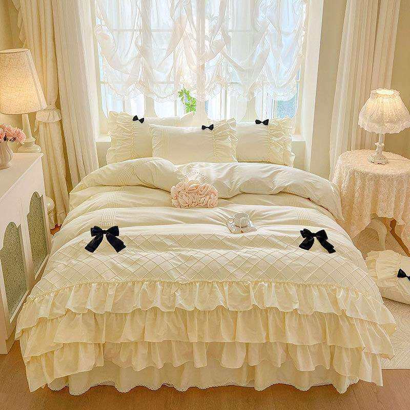 华夫格全棉被套床裙四件套纯棉花边被罩纯色公主风学生床上4件套