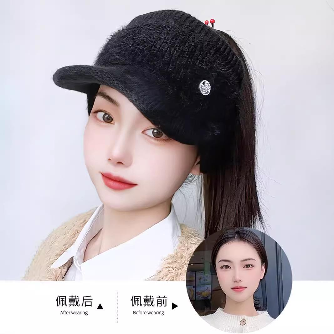 新款直销帽子假发一体时尚秋冬保暖护耳毛线帽可扎高马尾空顶鸭舌