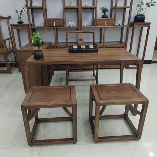 中式老榆木功平夫阳台实茶木桌书椅组合小户型法桌简约ZSU一体客