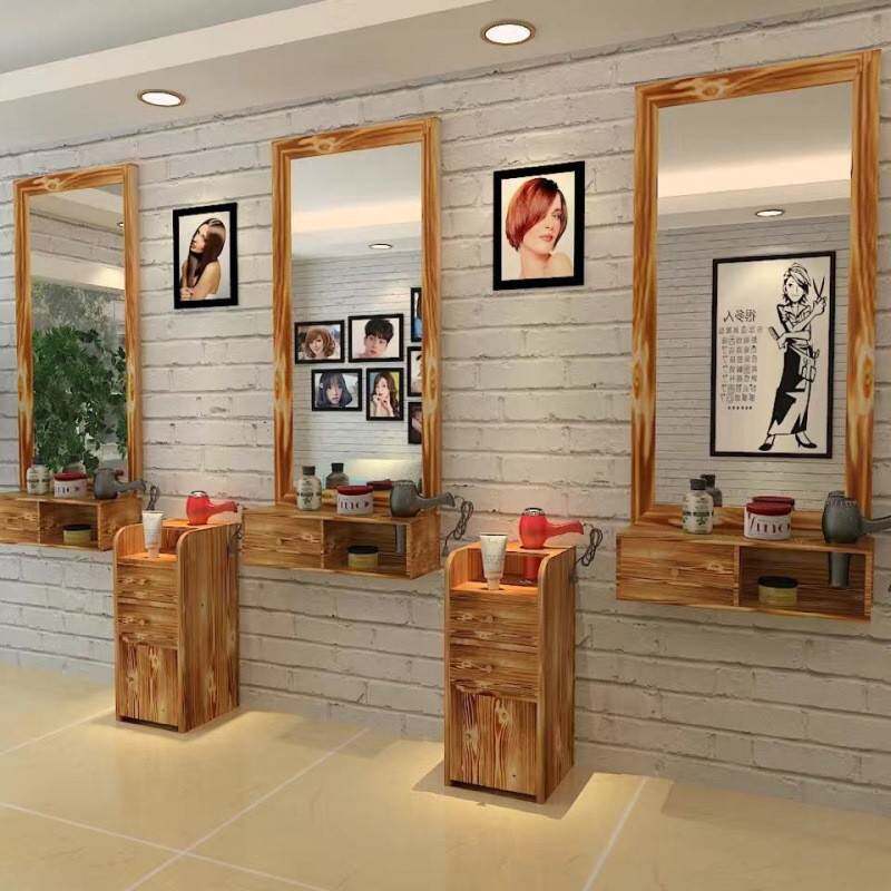 美发镜子实木复古理发店美发店镜台发廊挂墙试衣镜发廊镜台单面镜